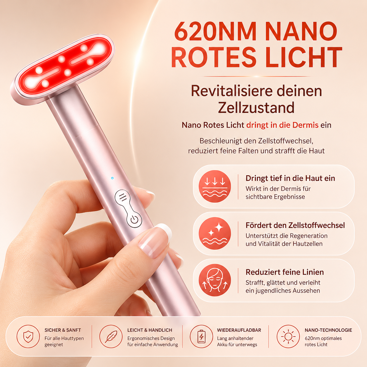 Gesichtsmassagegerät mit Mikrostrom und Rotlicht