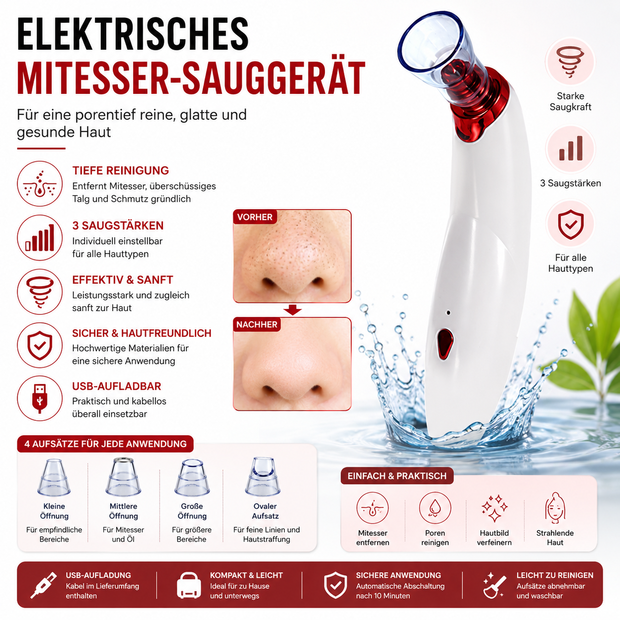 Elektrisches Mitesser-Sauggerät |Porenreiniger zur sanften Gesichtsreinigung