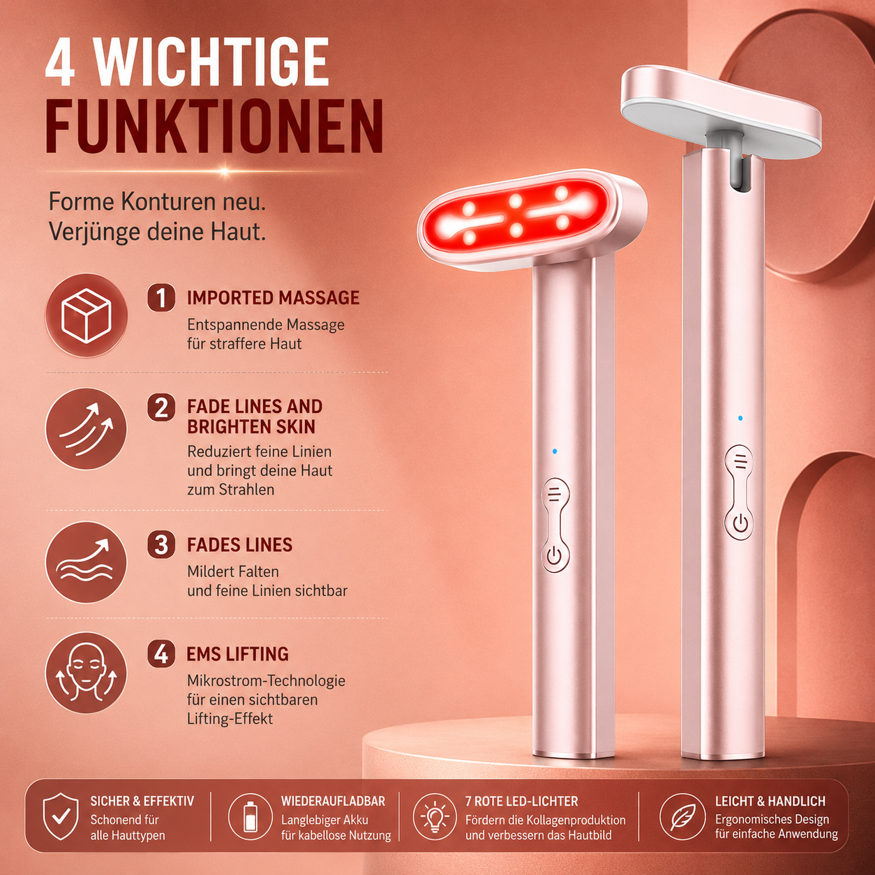 Gesichtsmassagegerät mit Mikrostrom und Rotlicht